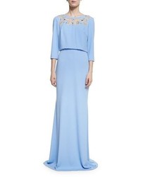 Badgley Mischka 34 Sleeve Floral Mesh Stretch Jersey Gown Periwinkle