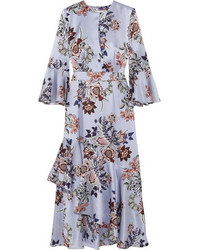 Erdem Florence Floral Print Silk Satin Midi Dress Blue
