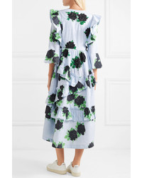 Ganni Ruffled Embellished Gingham Cotton Midi Dress