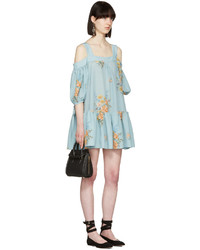 Alexander McQueen Blue Floral Off The Shoulder Dress