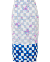 Dries Van Noten Layered Floral Print Crinkled Organza And Checked Satin Midi Skirt