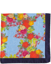 Edward Armah Floral Print Silk Pocket Square Blue