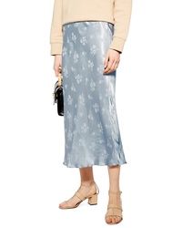 Light Blue Floral Satin Midi Skirt