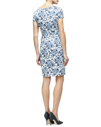 Carolina Herrera Short Sleeve Floral Print Sheath Dress Blue Floral