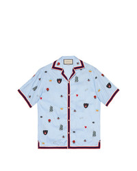 Gucci Bowling Shirt With Watercolor Flowers In Blue