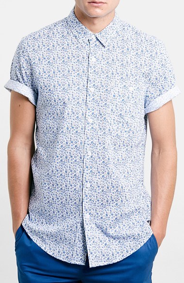 Topman Slim Fit Short Sleeve Ditsy Floral Print Shirt, $50