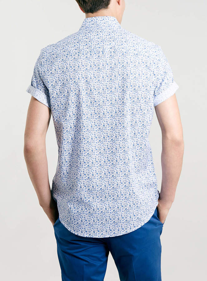 677 White Blue Floral Short Sleeve Shirt, Gustin