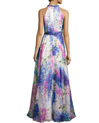 Carmen Marc Valvo Sleeveless Abstract Floral Silk Gown Blue