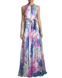 Carmen Marc Valvo Sleeveless Abstract Floral Silk Gown Blue