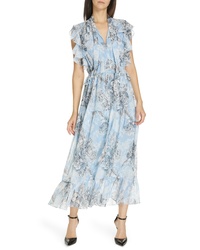 Light Blue Floral Silk Midi Dress
