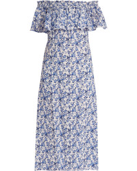 Light Blue Floral Silk Off Shoulder Dress