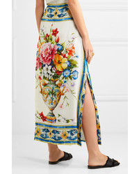 Dolce & Gabbana Floral Print Stretch Silk Midi Skirt Blue