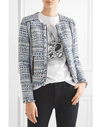 Karl Lagerfeld Satin Trimmed Fringed Metallic Tweed Jacket Blue