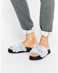Light Blue Fur Flat Sandals