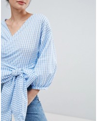 Pull&Bear Gingham Print Bow Front Balloon Sleeve Top