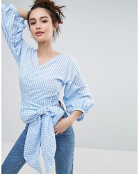 Pull&Bear Gingham Print Bow Front Balloon Sleeve Top