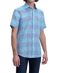 Bugatchi Orson Shaped Fit Check Short Sleeve Linen Button Up Shirt In Riviera At Nordstrom