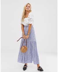 En Creme Maxi Skirt In Gingham With Thigh Split And