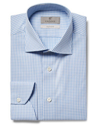Canali Blue Slim Fit Cutaway Collar Gingham Cotton Poplin Shirt