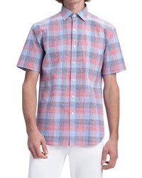 Bugatchi Shaped Fit Check Print Short Sleeve Stretch Cotton Button Up Shirt In Cherry At Nordstrom