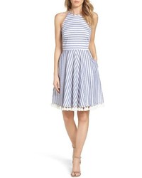 Light Blue Horizontal Striped Fit and Flare Dress