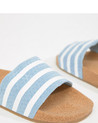 Light Blue Horizontal Striped Leather Flat Sandals