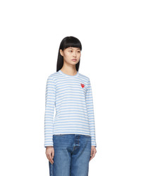 Comme Des Garcons Play Blue And White Striped Heart Patch Long Sleeve T Shirt