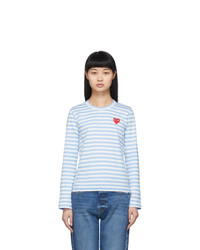 Comme Des Garcons Play Blue And White Striped Heart Patch Long Sleeve T Shirt
