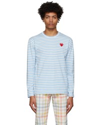 Comme Des Garcons Play Blue White Striped Heart Patch Long Sleeve T Shirt
