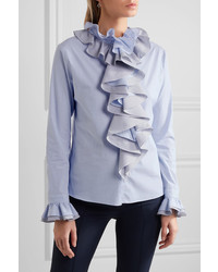 Tome Ruffled Striped Cotton Poplin Shirt Blue