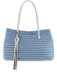 Light Blue Horizontal Striped Straw Tote Bag