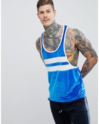 ASOS DESIGN Extreme Racer Back Vest With Contrast Body Stripe And Binding In Blue Velour
