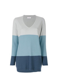 Light Blue Horizontal Striped V-neck Sweater