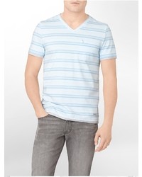 Light Blue Horizontal Striped V-neck T-shirt