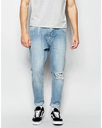 Asos Brand Bow Leg Jeans In Light Blue With Raw Edge Waistband Detail