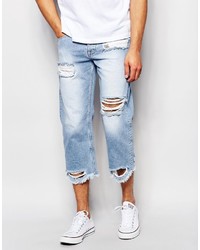 Asos Brand Straight Jeans In Cropped Length With Raw Edge Hem
