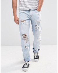 Asos Brand Straight Jeans With Rips In Light Blue