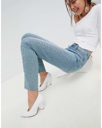 Asos Design Farleigh High Waist Straight Leg Jeans In Dusty Mid Wash With Raw Hem