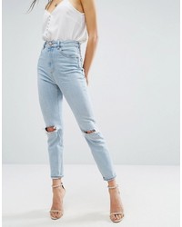 Asos Farleigh High Waist Slim Mom Jeans In Beech Light Stonewash With Busted Knees And Chewed Hems