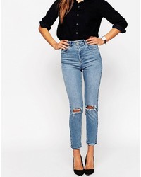 Asos Farleigh High Waist Slim Mom Jeans In Prince Wash With Busted Knees