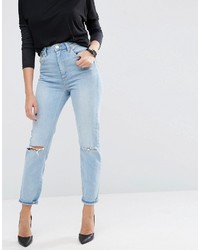 Asos Farleigh High Waist Slim Mom Jeans In Sweet Mid Stonewash With Busted Knees