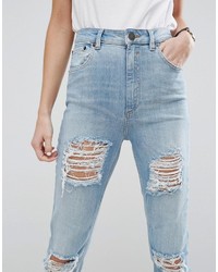Asos Farleigh High Waist Slim Mom Jeans In Sweet Mid Stonewash With Busted Rips