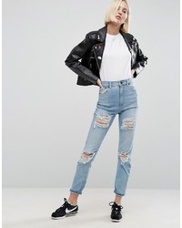 Asos Farleigh High Waist Slim Mom Jeans In Sweet Mid Stonewash With Busted Rips