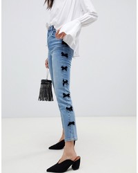 ASOS DESIGN Farleigh High Waist Slim Mom Jeans With Side Bow Detail In Mid Blue Wash