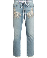 Off-White Frayed Mid Rise Cropped Jeans