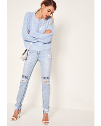 Missguided Blue High Rise Graffiti Busted Knee Jeans