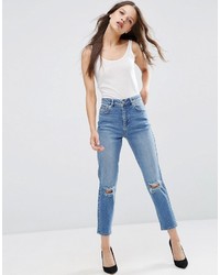 Asos Petite Petite Farleigh Slim Mom Jeans In Prince Light Wash With Busted Knees