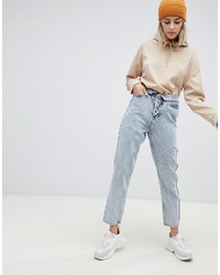 ASOS DESIGN Ritson Rigid Mom Jeans With Exposed Fly Detail And Fold Over Waist Band In Light Stone Wash