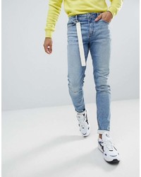Asos Skinny Jeans In Light Wash Blue With Strap Detail