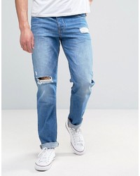 Asos Slim Jeans With Mega Rips In Mid Blue